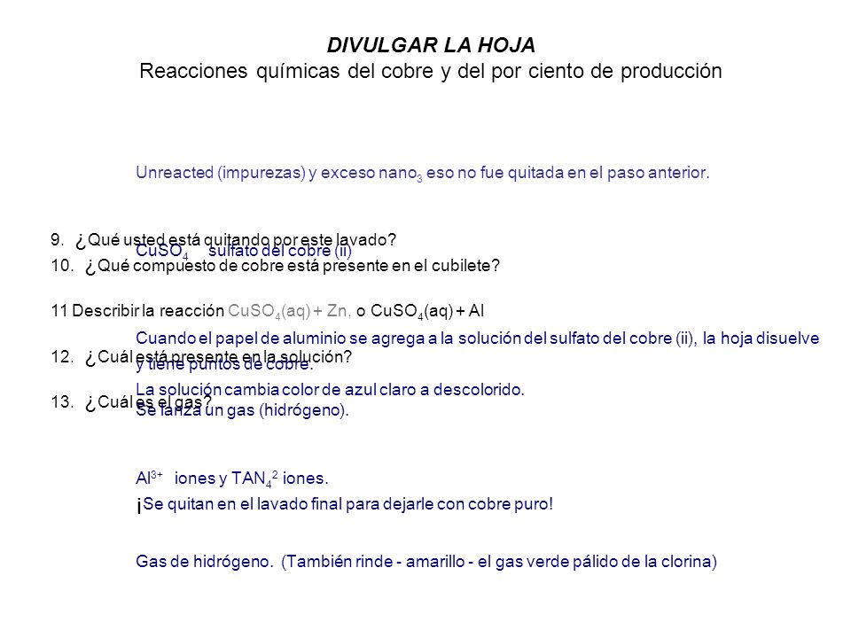 Reacciones químicas del cobre y del por ciento de producción