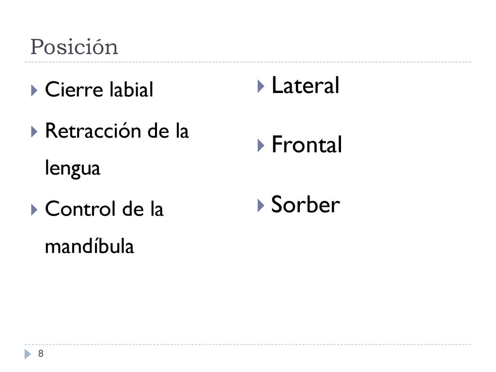 Lateral Frontal Sorber Posición Cierre labial Retracción de la lengua