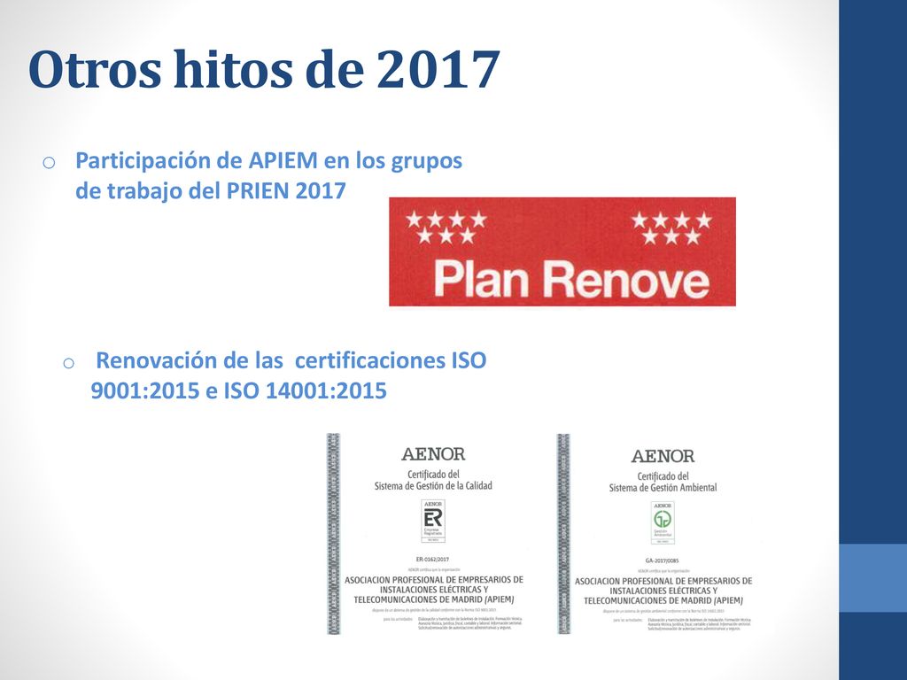 Otros hitos de 2017 Participación de APIEM en los grupos de trabajo del PRIEN
