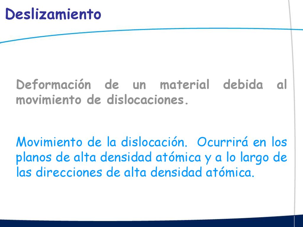 Deslizamiento Deformación de un material debida al movimiento de dislocaciones.