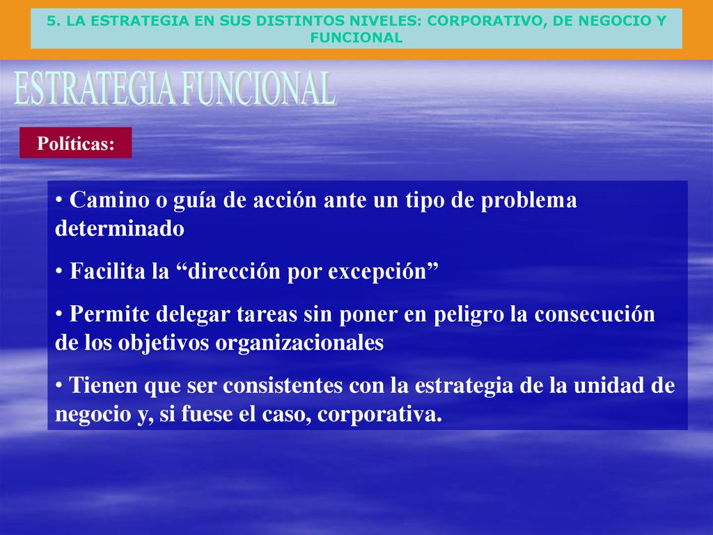 5. LA ESTRATEGIA EN SUS DISTINTOS NIVELES: CORPORATIVO, DE NEGOCIO Y FUNCIONAL
