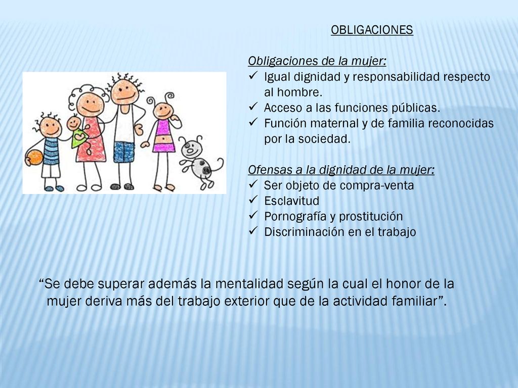 OBLIGACIONES Obligaciones de la mujer: Igual dignidad y responsabilidad respecto al hombre. Acceso a las funciones públicas.