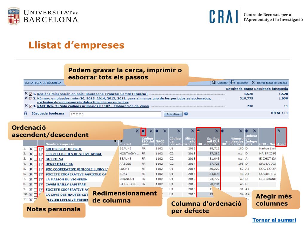 Llistat d’empreses Podem gravar la cerca, imprimir o