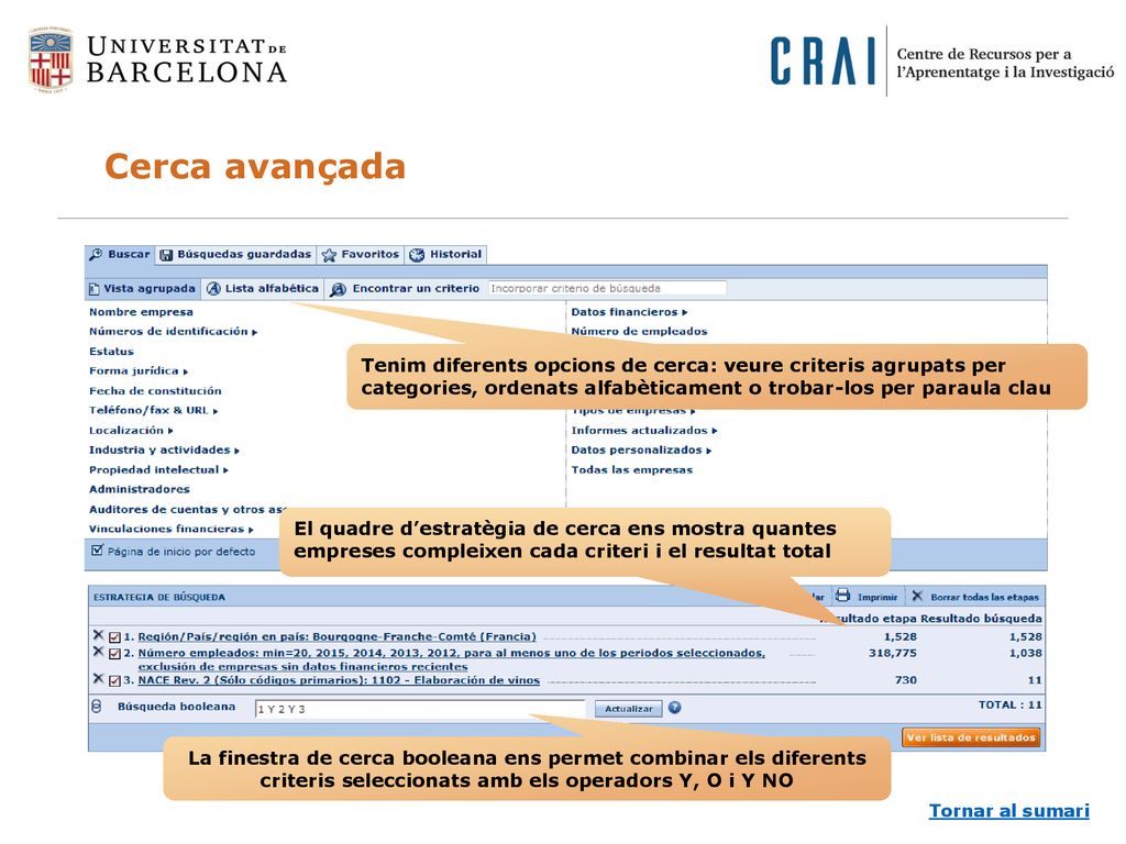 Cerca avançada Tenim diferents opcions de cerca: veure criteris agrupats per categories, ordenats alfabèticament o trobar-los per paraula clau.