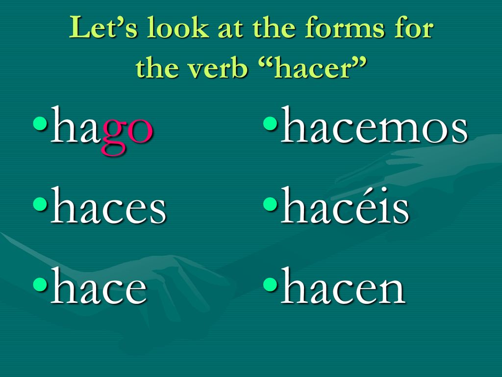 Let’s look at the forms for the verb hacer