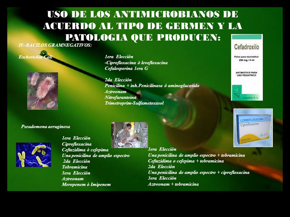 USO DE LOS ANTIMICROBIANOS DE ACUERDO AL TIPO DE GERMEN Y LA PATOLOGIA QUE PRODUCEN:
