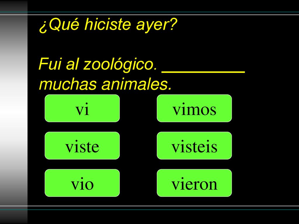 ¿Qué hiciste ayer Fui al zoológico. _________ muchas animales.