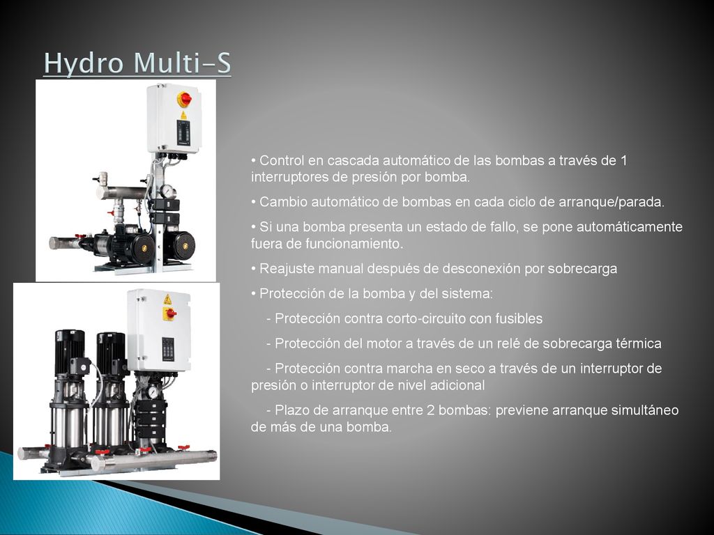 Hydro Multi-S • Control en cascada automático de las bombas a través de 1 interruptores de presión por bomba.