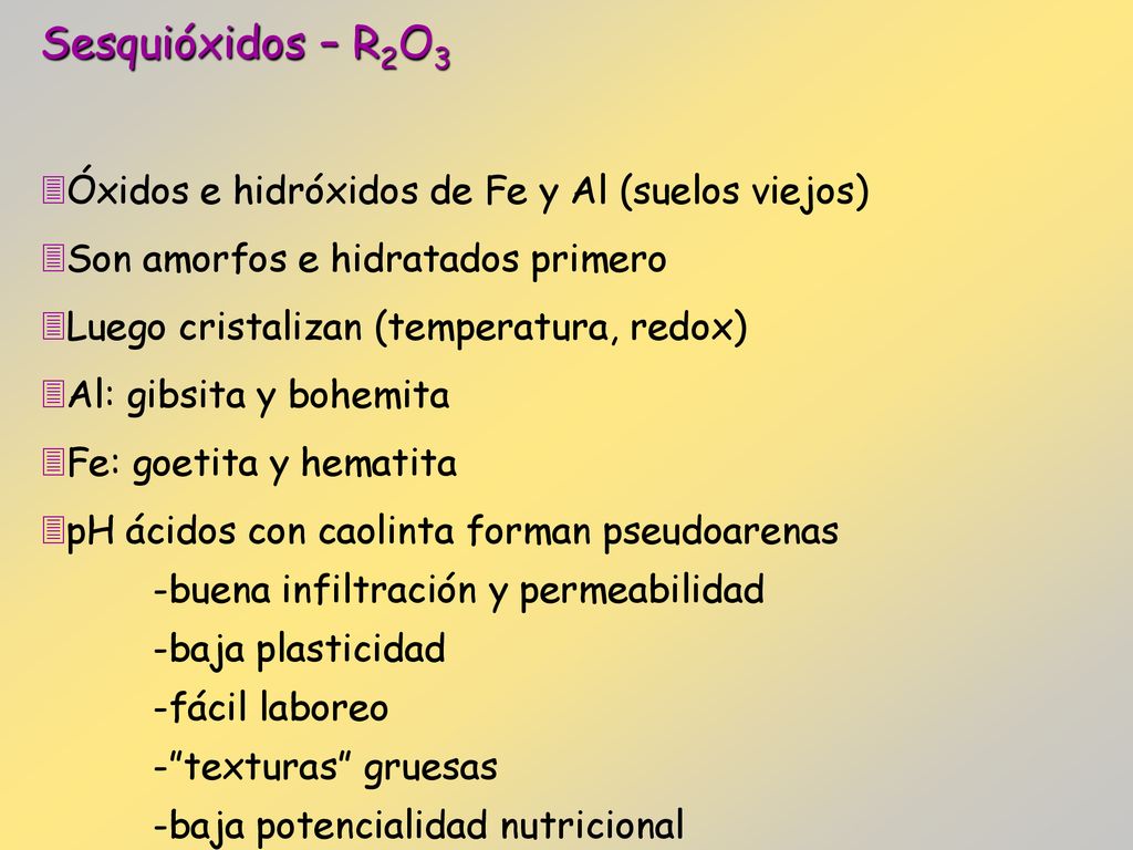 Sesquióxidos – R2O3 Óxidos e hidróxidos de Fe y Al (suelos viejos)