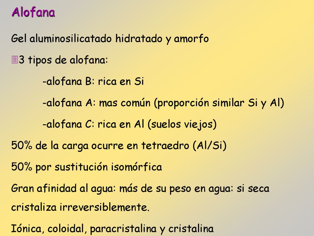 Alofana Gel aluminosilicatado hidratado y amorfo 3 tipos de alofana: