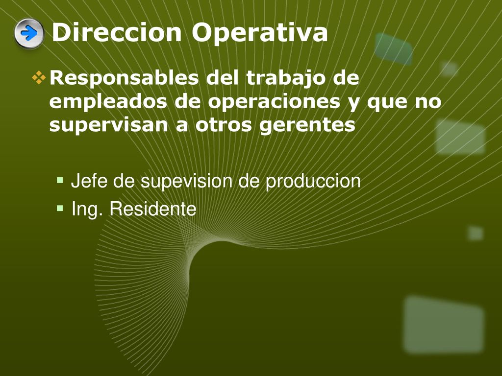 Direccion Operativa Responsables del trabajo de empleados de operaciones y que no supervisan a otros gerentes.