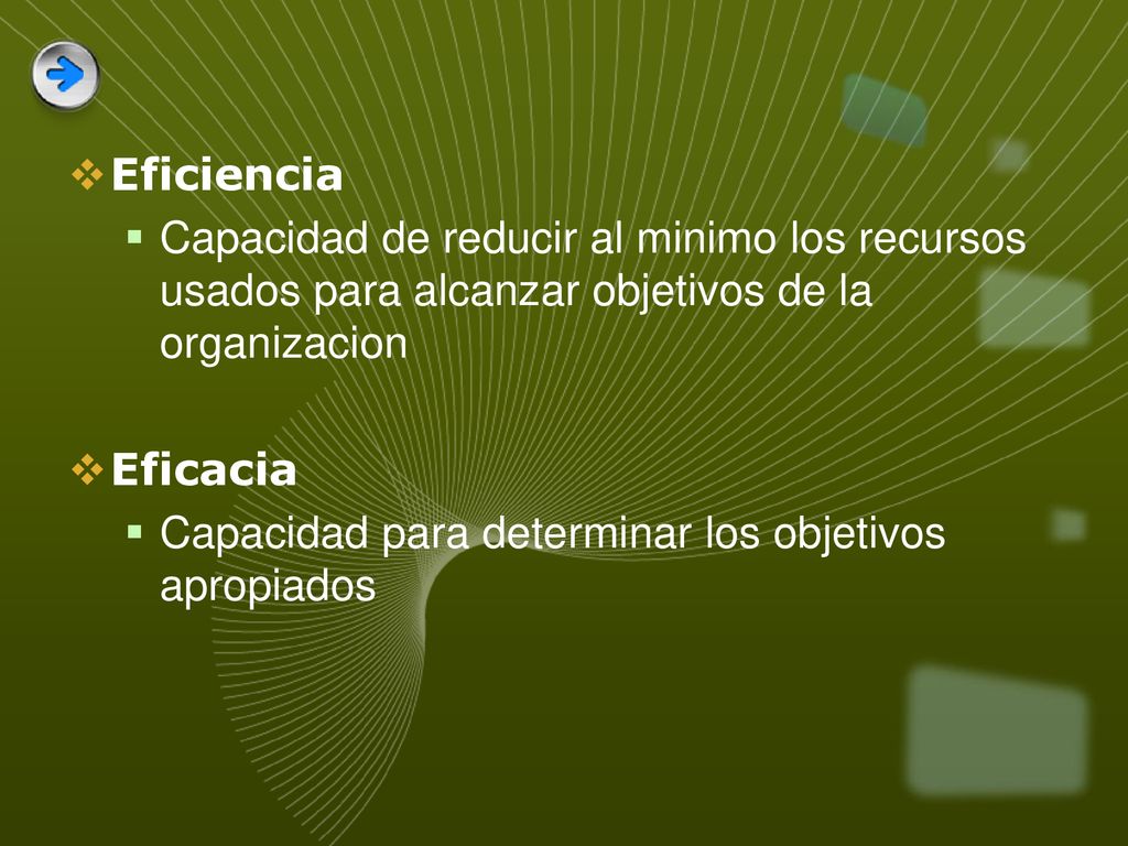 Eficiencia Capacidad de reducir al minimo los recursos usados para alcanzar objetivos de la organizacion.