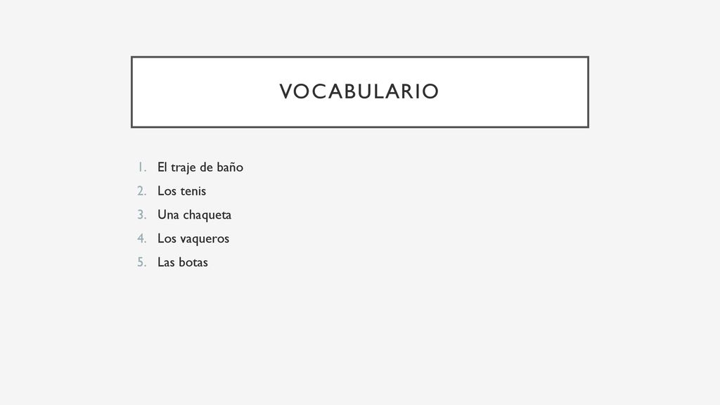 vocabulario El traje de baño Los tenis Una chaqueta Los vaqueros