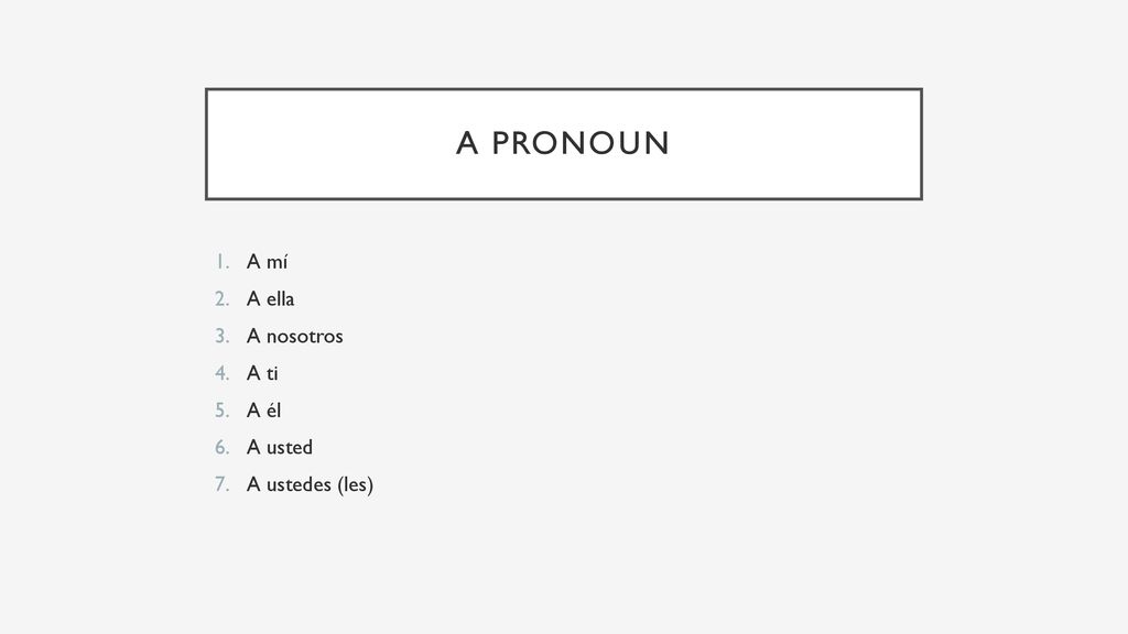A pronoun A mí A ella A nosotros A ti A él A usted A ustedes (les)