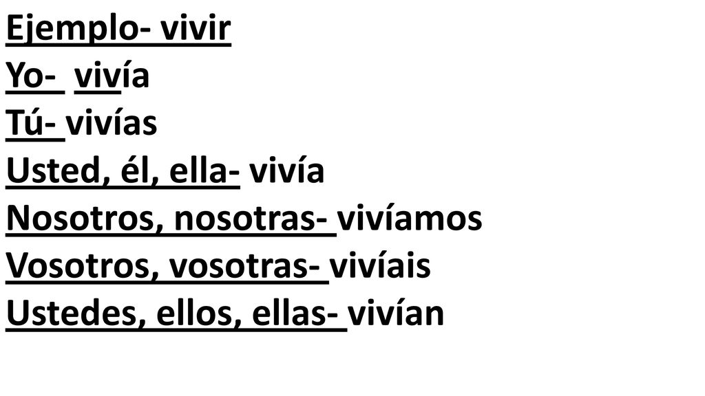 Ejemplo- vivir Yo- vivía. Tú- vivías. Usted, él, ella- vivía. Nosotros, nosotras- vivíamos. Vosotros, vosotras- vivíais.
