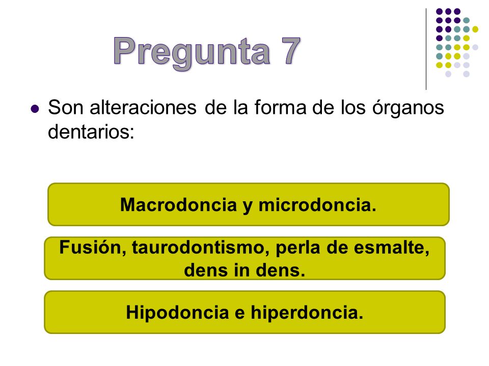 Pregunta 7 Son alteraciones de la forma de los órganos dentarios: