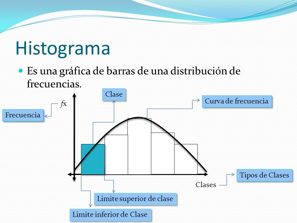 Histograma Es una gráfica de barras de una distribución de frecuencias. Clase. Curva de frecuencia.