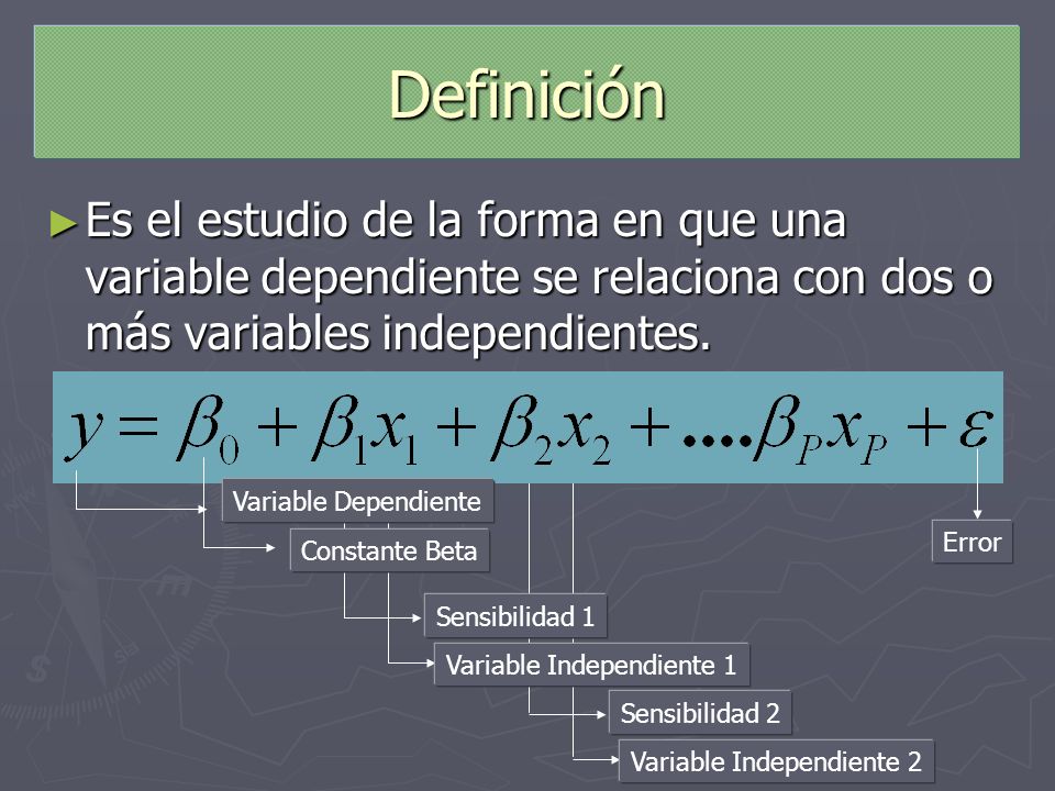 Definición Es el estudio de la forma en que una variable dependiente se relaciona con dos o más variables independientes.