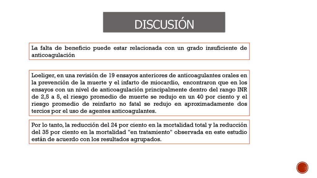 discusión La falta de beneficio puede estar relacionada con un grado insuficiente de anticoagulación.