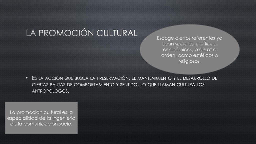 La Promoción Cultural Escoge ciertos referentes ya sean sociales, políticos, económicos, o de otro orden, como estéticos o religiosos,