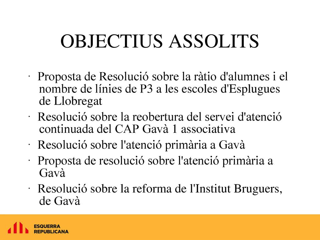OBJECTIUS ASSOLITS · Proposta de Resolució sobre la ràtio d alumnes i el nombre de línies de P3 a les escoles d Esplugues de Llobregat.