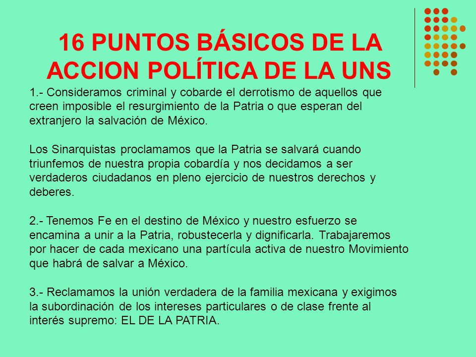 16 PUNTOS BÁSICOS DE LA ACCION POLÍTICA DE LA UNS