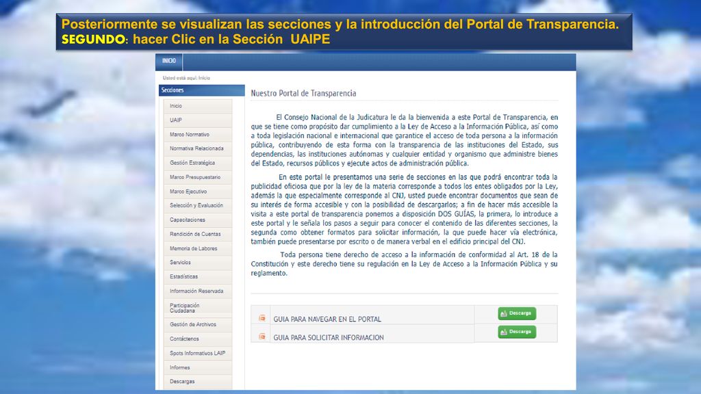 Posteriormente se visualizan las secciones y la introducción del Portal de Transparencia.