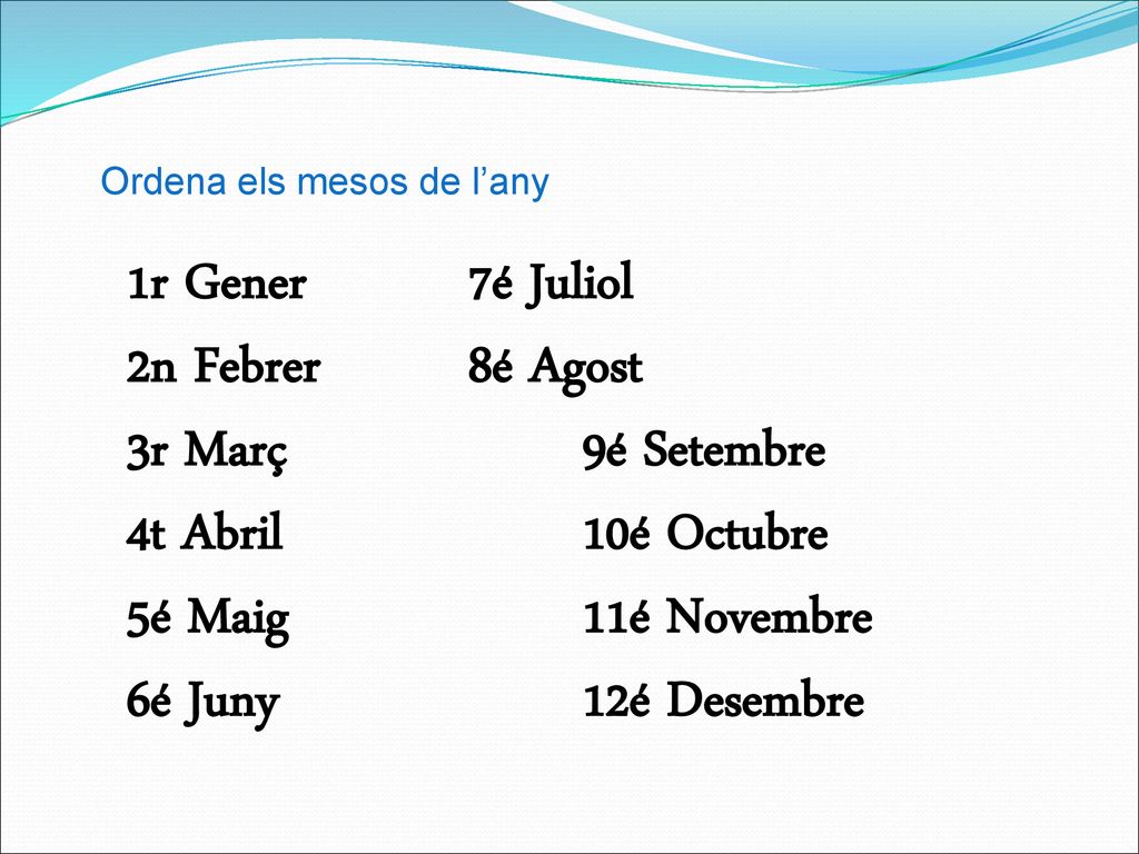 1r Gener 7é Juliol 2n Febrer 8é Agost 3r Març 9é Setembre