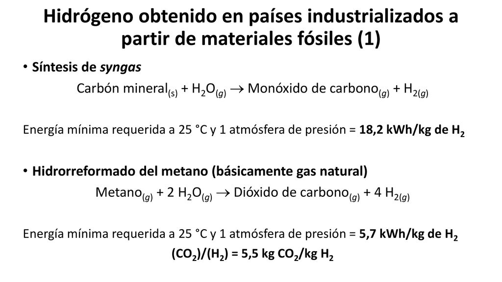 Hidrógeno obtenido en países industrializados a partir de materiales fósiles (1)