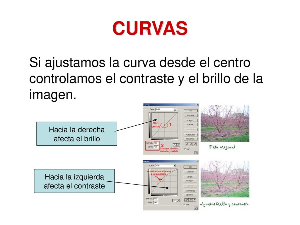 CURVAS Si ajustamos la curva desde el centro controlamos el contraste y el brillo de la imagen. Hacia la derecha.
