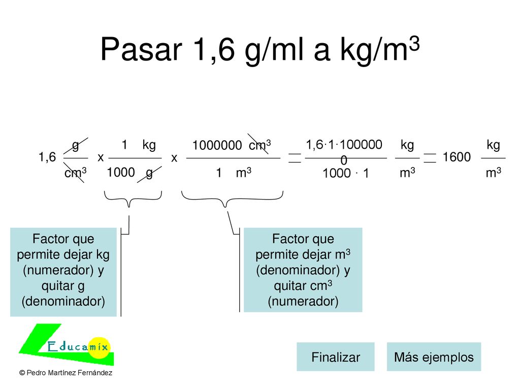 Pasar 1,6 g/ml a kg/m3 g 1 kg cm3 1,6·1· kg kg 1,6 x x
