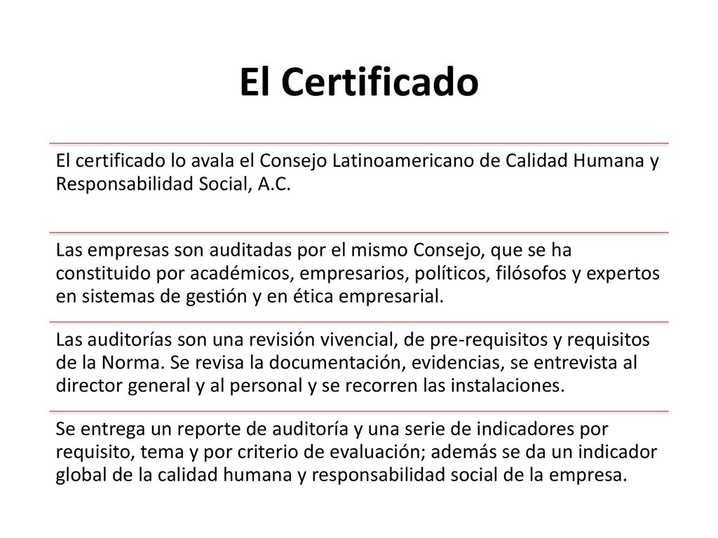 El Certificado El certificado lo avala el Consejo Latinoamericano de Calidad Humana y Responsabilidad Social, A.C.