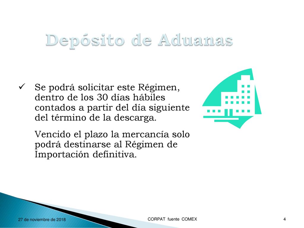 Depósito de Aduanas Se podrá solicitar este Régimen, dentro de los 30 días hábiles contados a partir del día siguiente del término de la descarga.