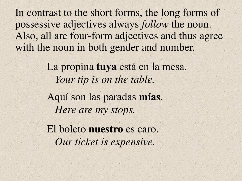 In contrast to the short forms, the long forms of possessive adjectives always follow the noun. Also, all are four-form adjectives and thus agree with the noun in both gender and number.