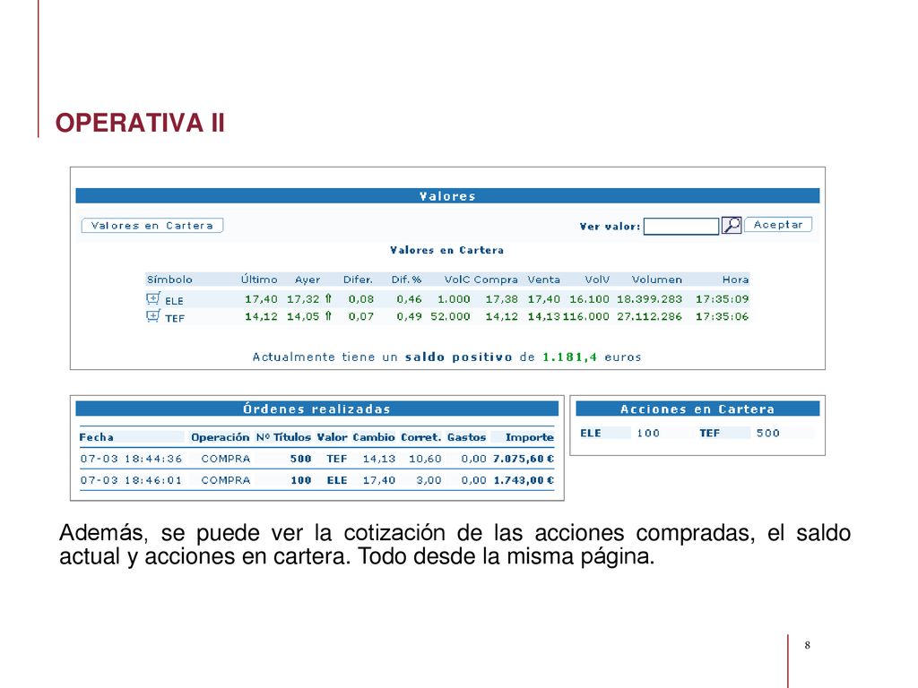 OPERATIVA II Además, se puede ver la cotización de las acciones compradas, el saldo actual y acciones en cartera.