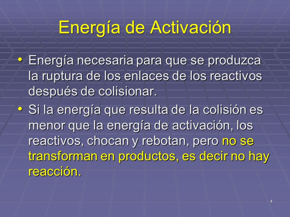 Energía de Activación Energía necesaria para que se produzca la ruptura de los enlaces de los reactivos después de colisionar.