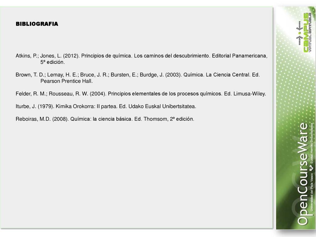 BIBLIOGRAFIA Atkins, P.; Jones, L. (2012). Principios de química. Los caminos del descubrimiento. Editorial Panamericana, 5º edición.