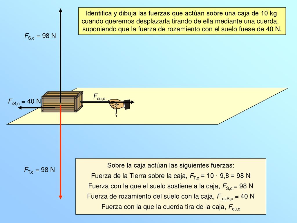 Identifica y dibuja las fuerzas que actúan sobre una caja de 10 kg