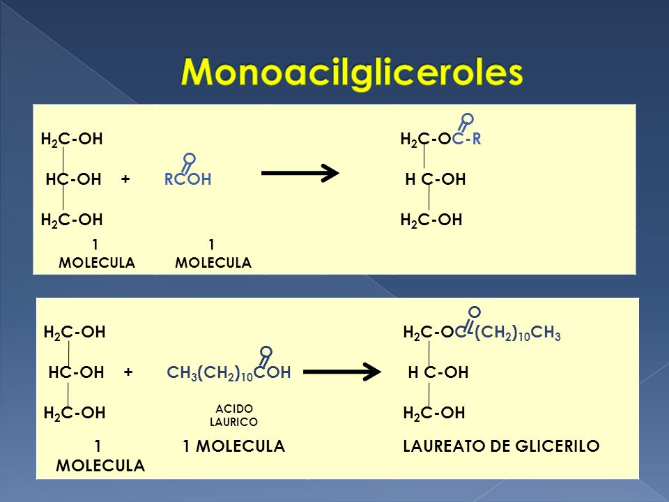 Monoacilgliceroles H2C-OH HC-OH + O RCOH H2C-OC-R H C-OH H2C-OH