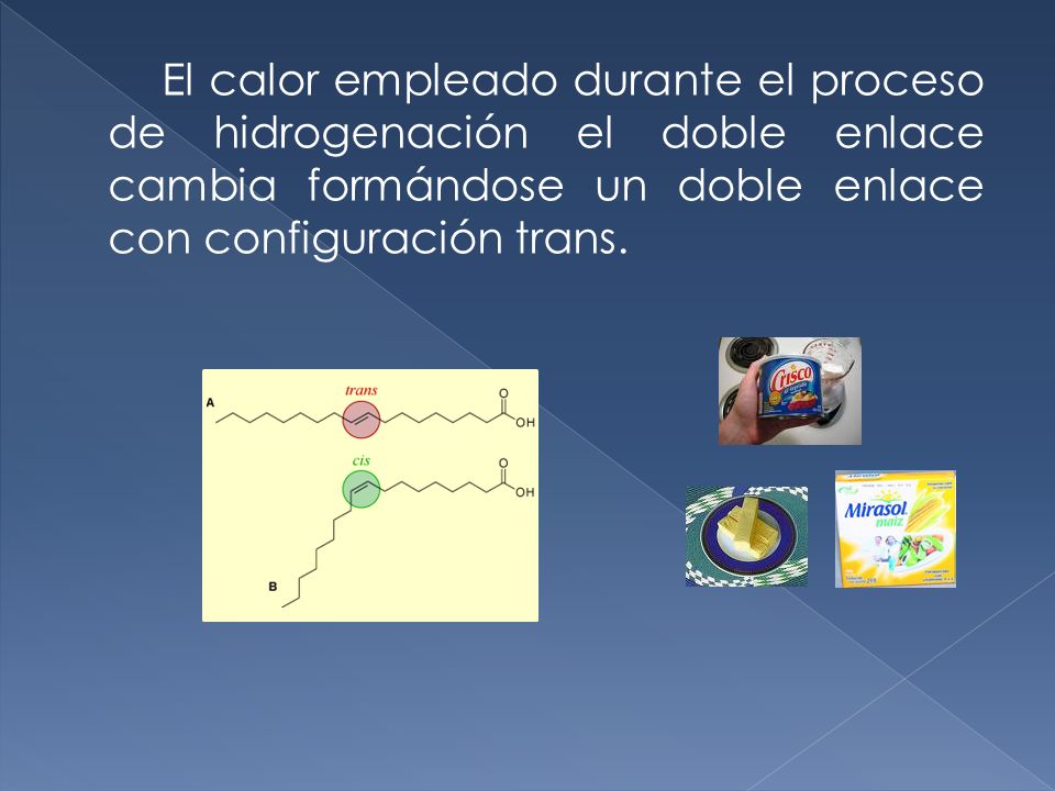 El calor empleado durante el proceso de hidrogenación el doble enlace cambia formándose un doble enlace con configuración trans.
