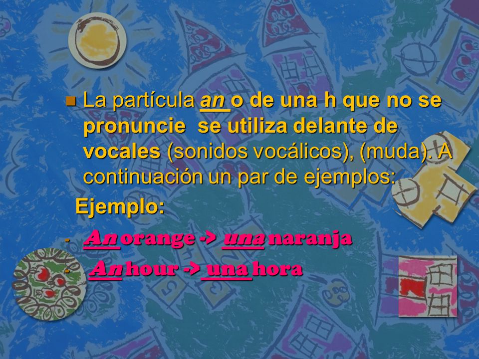 La partícula an o de una h que no se pronuncie se utiliza delante de vocales (sonidos vocálicos), (muda). A continuación un par de ejemplos: