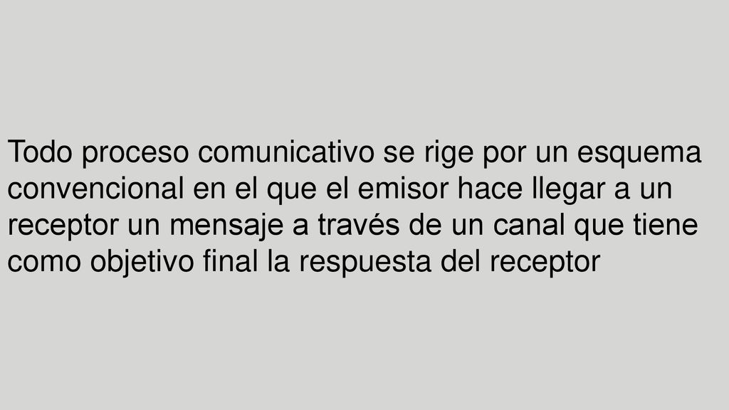Todo proceso comunicativo se rige por un esquema convencional en el que el emisor hace llegar a un receptor un mensaje a través de un canal que tiene como objetivo final la respuesta del receptor