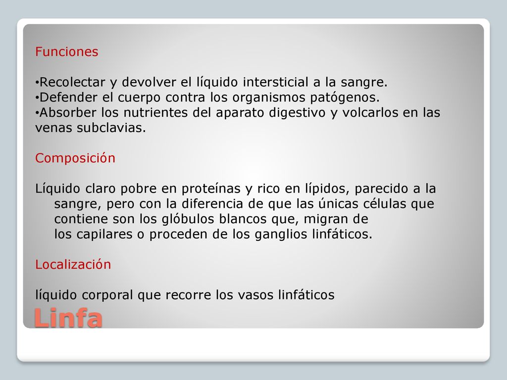 Funciones Recolectar y devolver el líquido intersticial a la sangre. Defender el cuerpo contra los organismos patógenos.