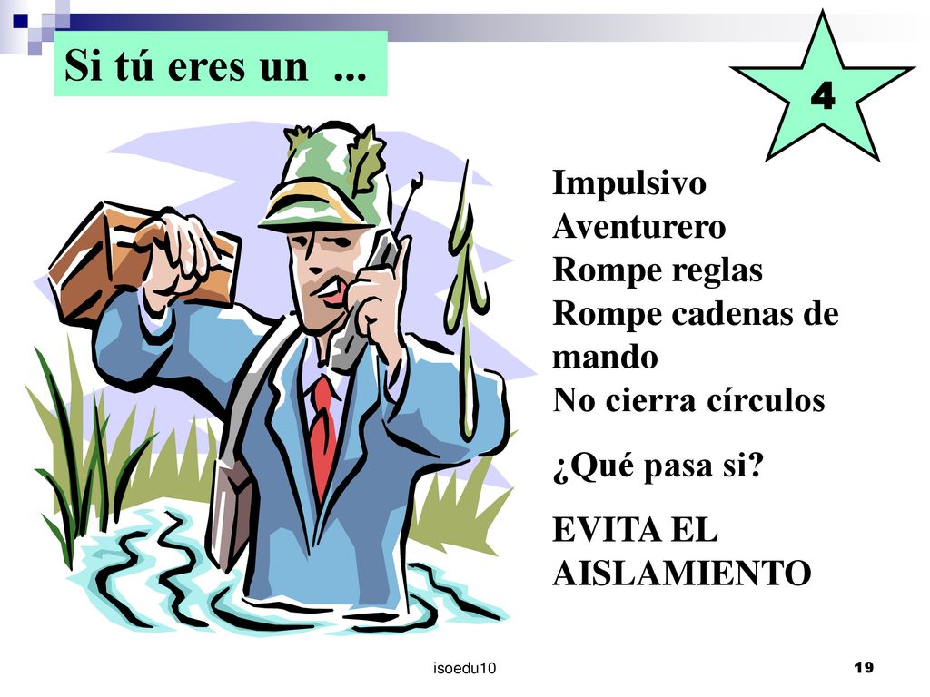 4 Si tú eres un ... Impulsivo Aventurero Rompe reglas Rompe cadenas de mando No cierra círculos.