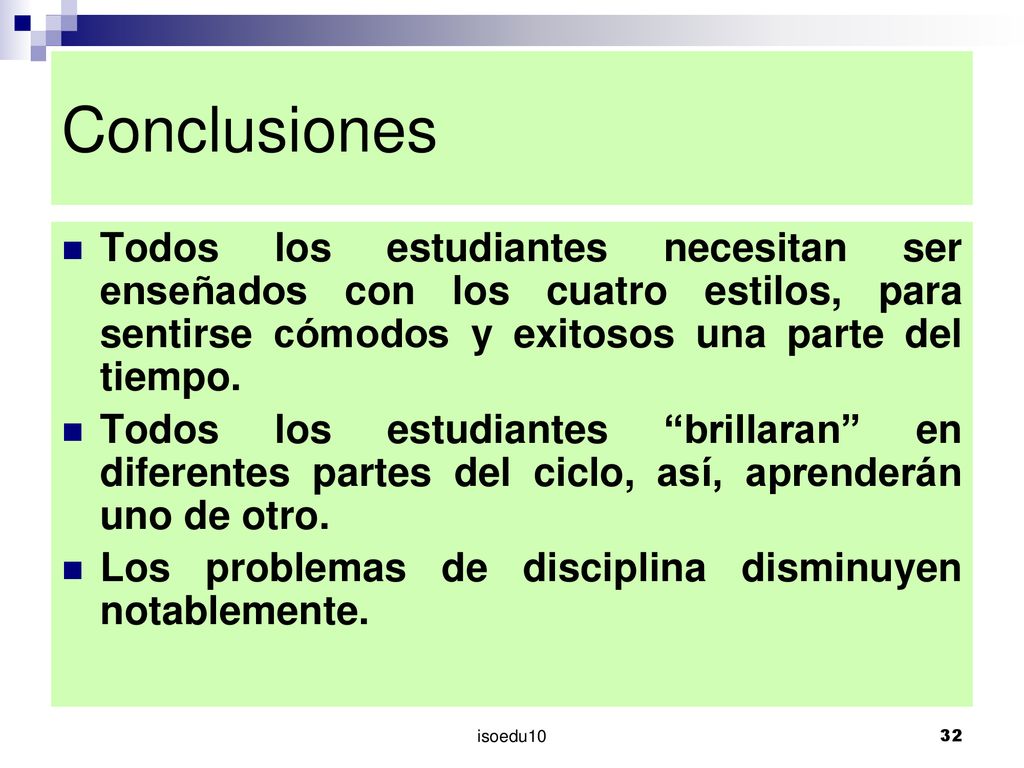 Conclusiones Todos los estudiantes necesitan ser enseñados con los cuatro estilos, para sentirse cómodos y exitosos una parte del tiempo.