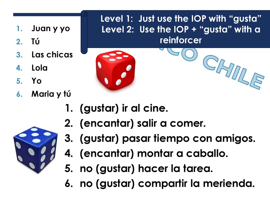CHICO CHILE (gustar) ir al cine. (encantar) salir a comer.