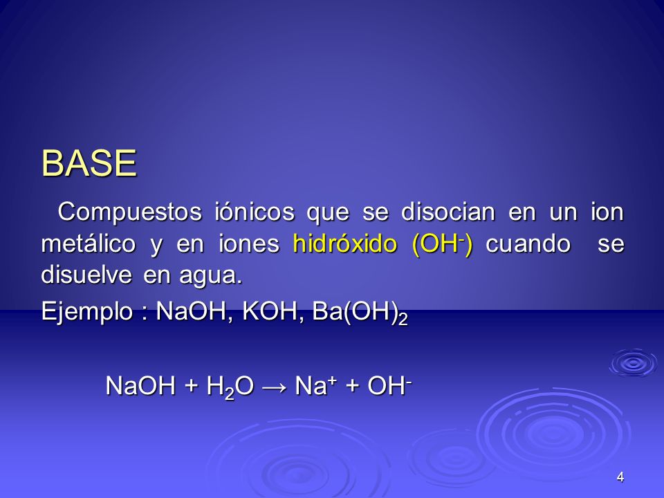 BASE Compuestos iónicos que se disocian en un ion metálico y en iones hidróxido (OH-) cuando se disuelve en agua.