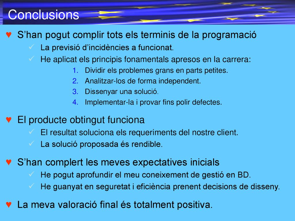 Conclusions S’han pogut complir tots els terminis de la programació