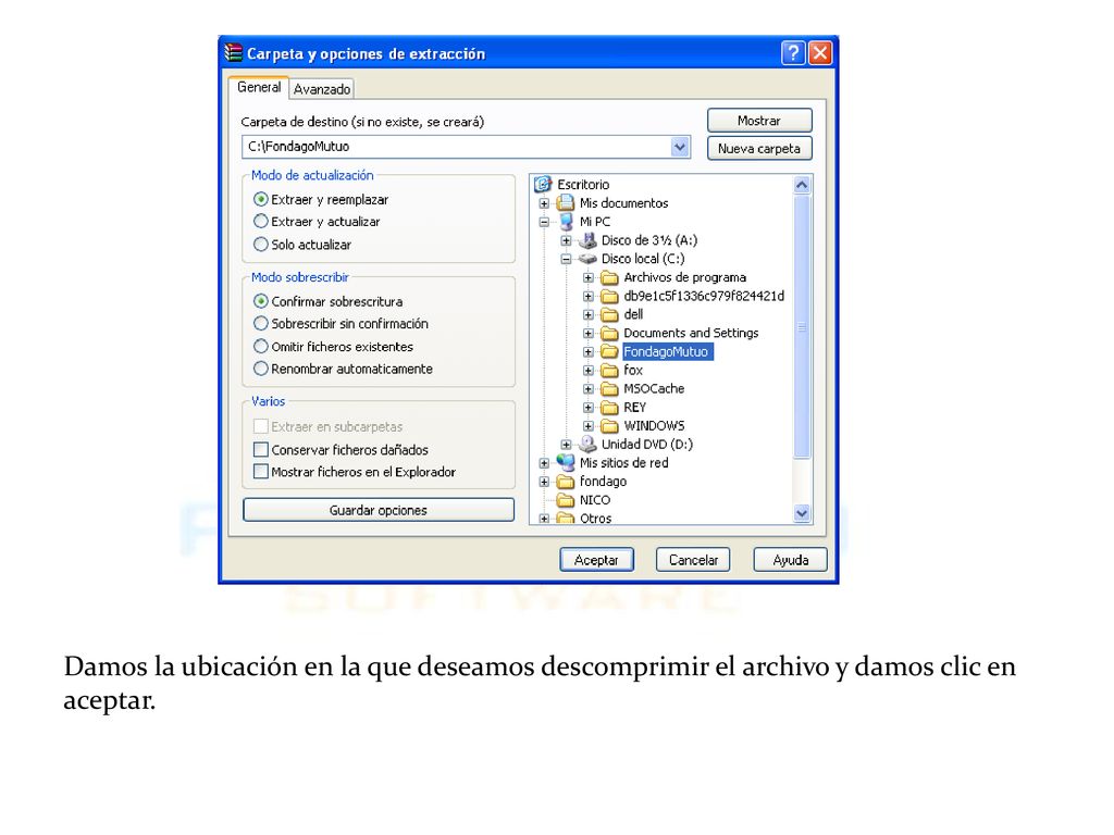 Damos la ubicación en la que deseamos descomprimir el archivo y damos clic en aceptar.