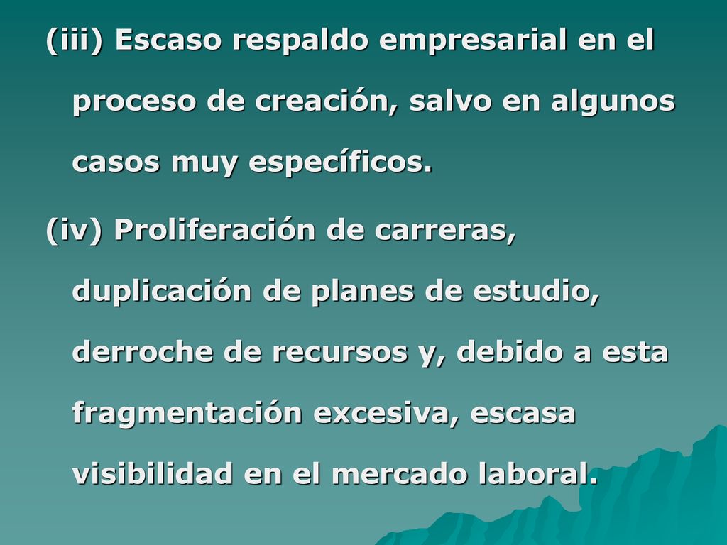 (iii) Escaso respaldo empresarial en el proceso de creación, salvo en algunos casos muy específicos.